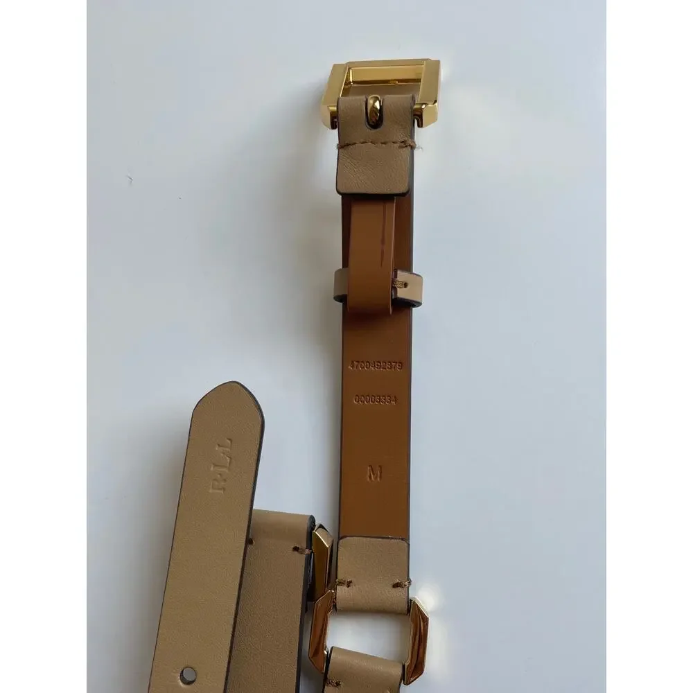 Lauren Ralph Lauren Women’s Tan Leather Belt Gold Square Link Connector M L